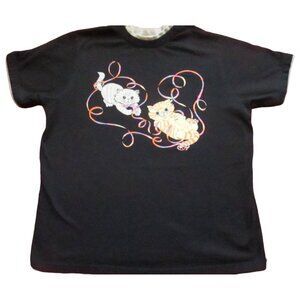 L Vintage Jenna Lane Cat Print Black T-Shirt Kitten Ribbons Short Sleeve Granny